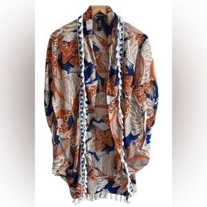Silk Blend Floral Tassel Kimono Wrap Blue/Orange/White